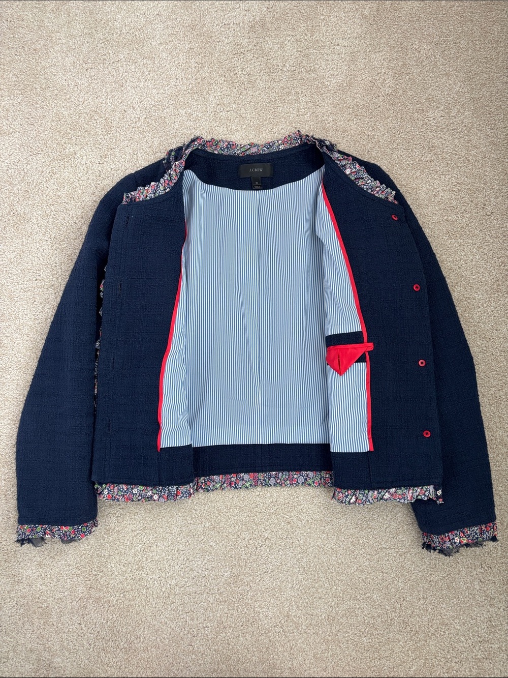 Navy tweed J. Crew Lady Jacket with Liberty floral trim & ruffled edges, size 10 - Picture 6 of 9